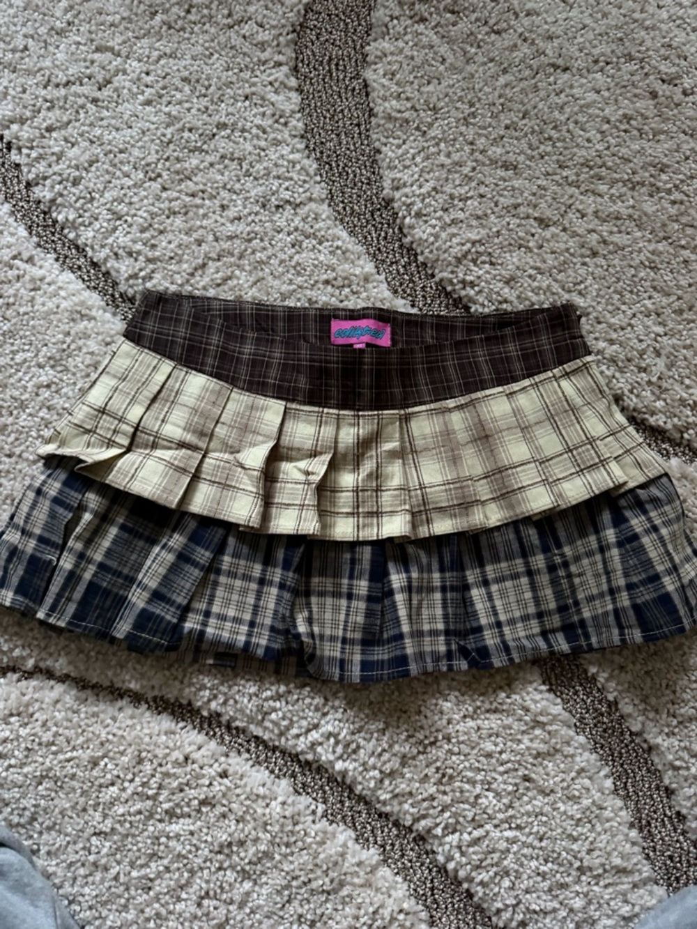 Edikted Tiered Plaid Mini Skirt in Brown, Cream, and Navy